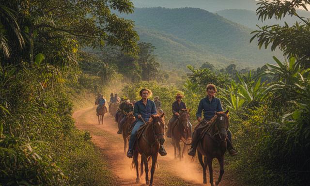 Grupo de jinetes cabalgando por un sendero rural bordeado de vegetación tropical en las montañas de Huila Colombia