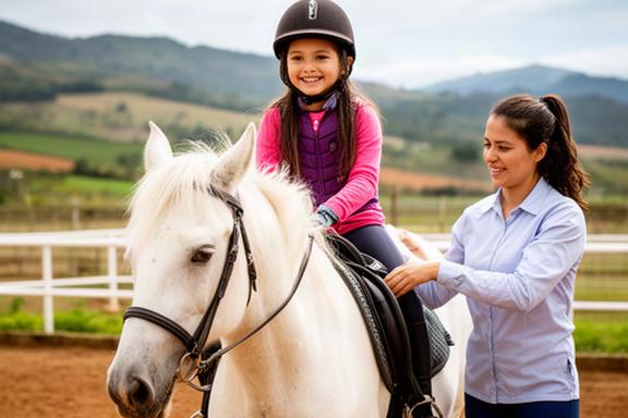 Niña sonriente sobre un caballo blanco durante una clase de equitación supervisada por instructor en el club de Iquira