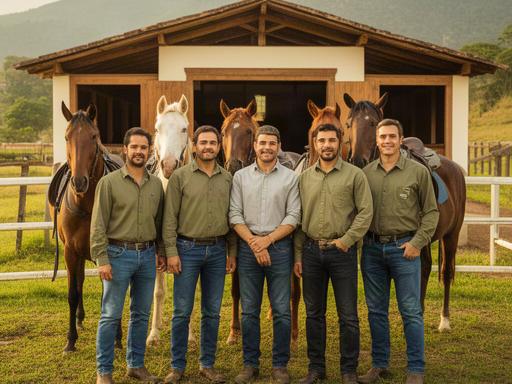 Equipo del club ecuestre reunido frente a la caballeriza principal con caballos al fondo en Iquira Huila