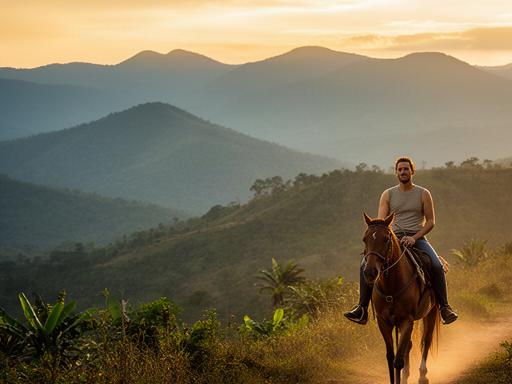 Jinete montando un caballo al atardecer en los senderos del club ecuestre en Iquira Huila con montañas al fondo