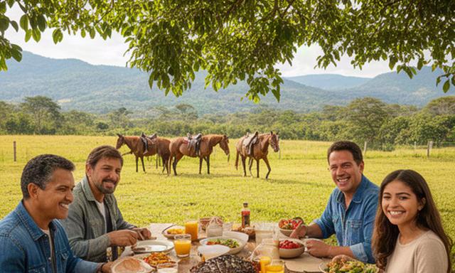 Familia disfrutando de un almuerzo campestre bajo un árbol después de una cabalgata en el club ecuestre de Iquira